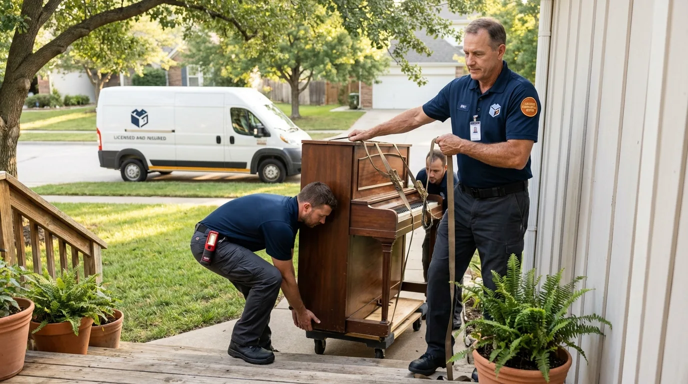 Licensed piano movers securing grand piano in Grant, NE
