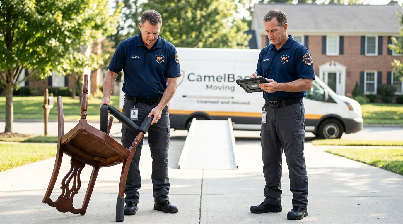 Movers inspecting furniture for damage prevention before loading in Grant, NE